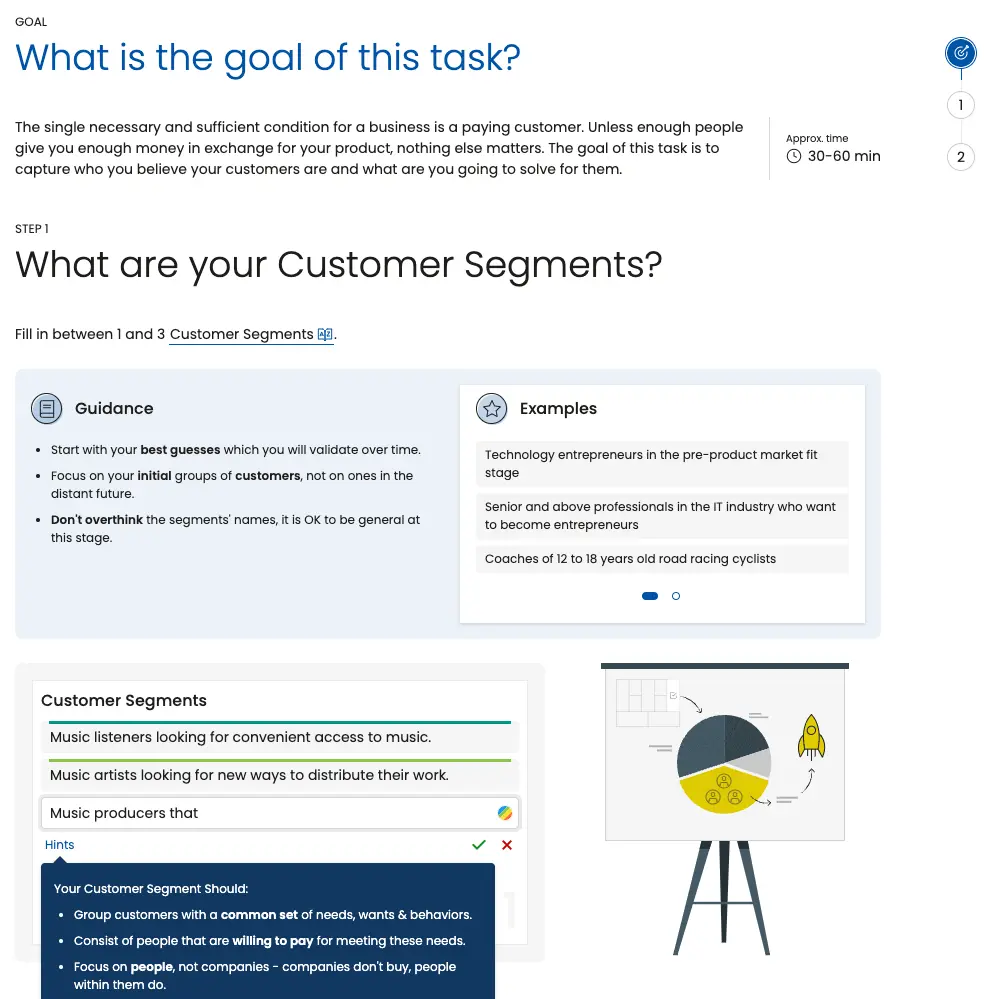 Icanpreneur platform screenshot task 1 showing defining customer segments